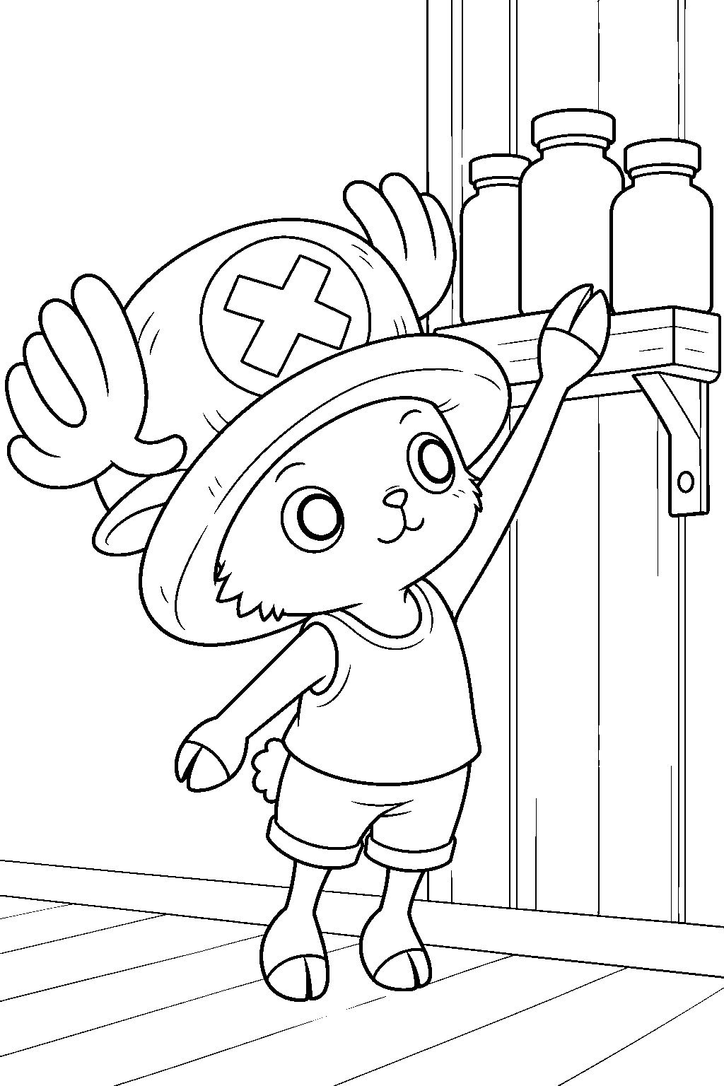 one piece tony tony chopper reaching for a medicine bottle on a shelf line art