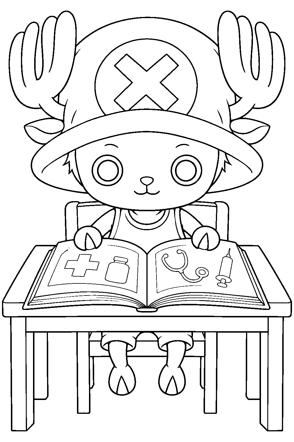 one piece tony tony chopper reading a medical book at a desk line art