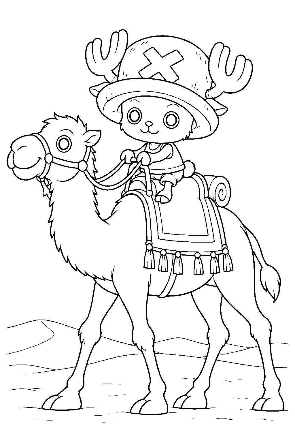 one piece tony tony chopper riding a camel in alabasta line art