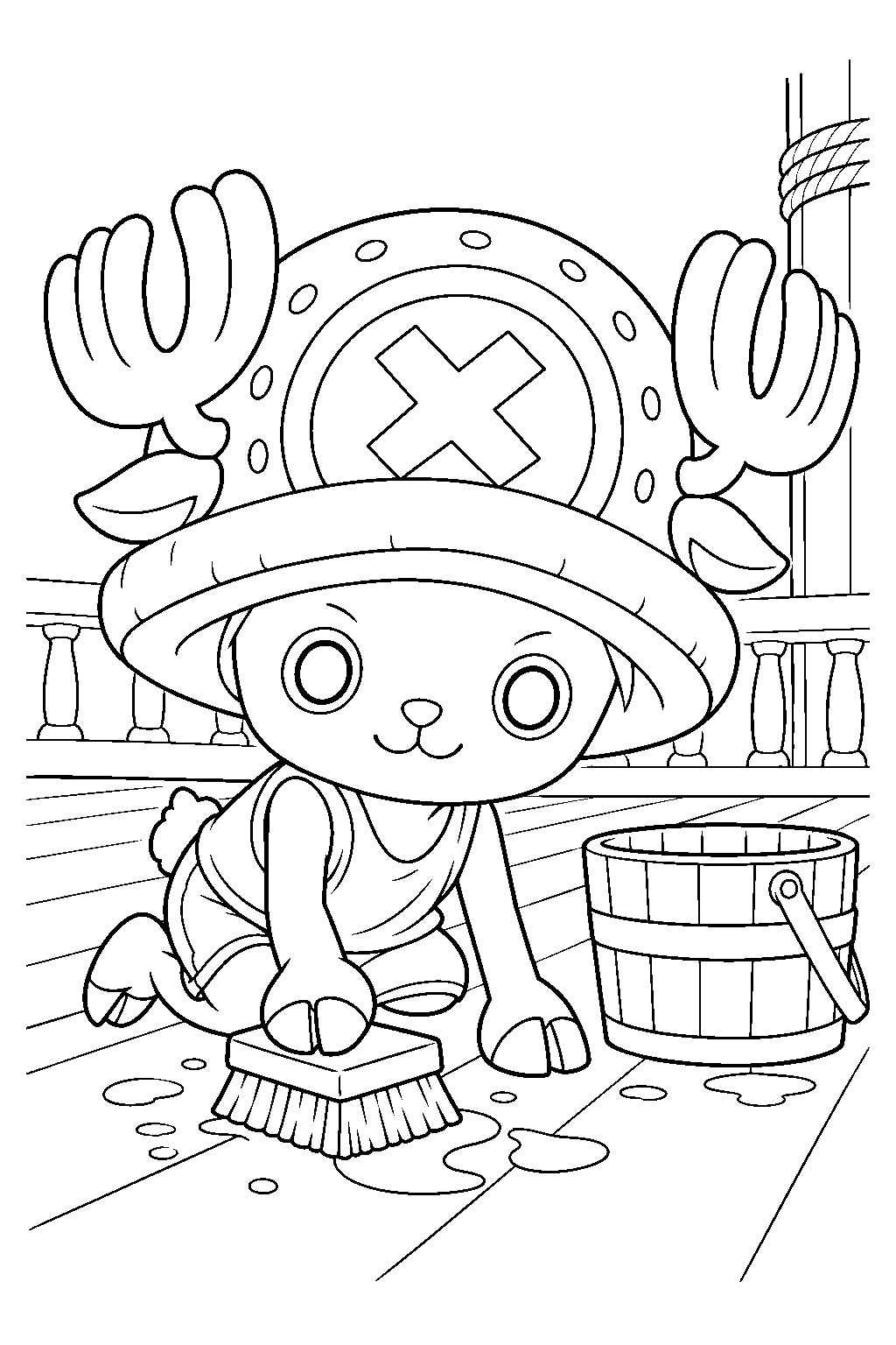 one piece tony tony chopper scrubbing the ship deck line art