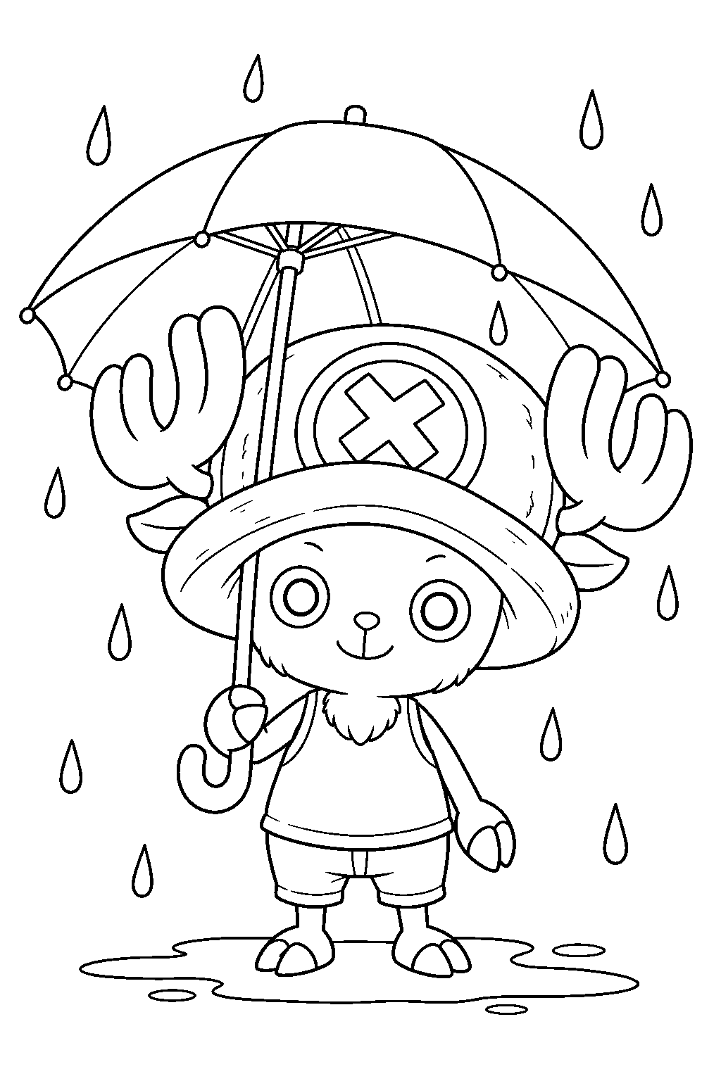 one piece tony tony chopper sheltering under an umbrella in the rain line art