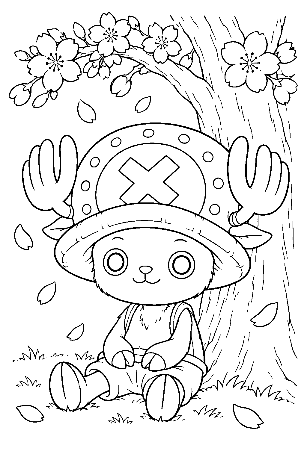 one piece tony tony chopper sitting under a cherry blossom tree line art