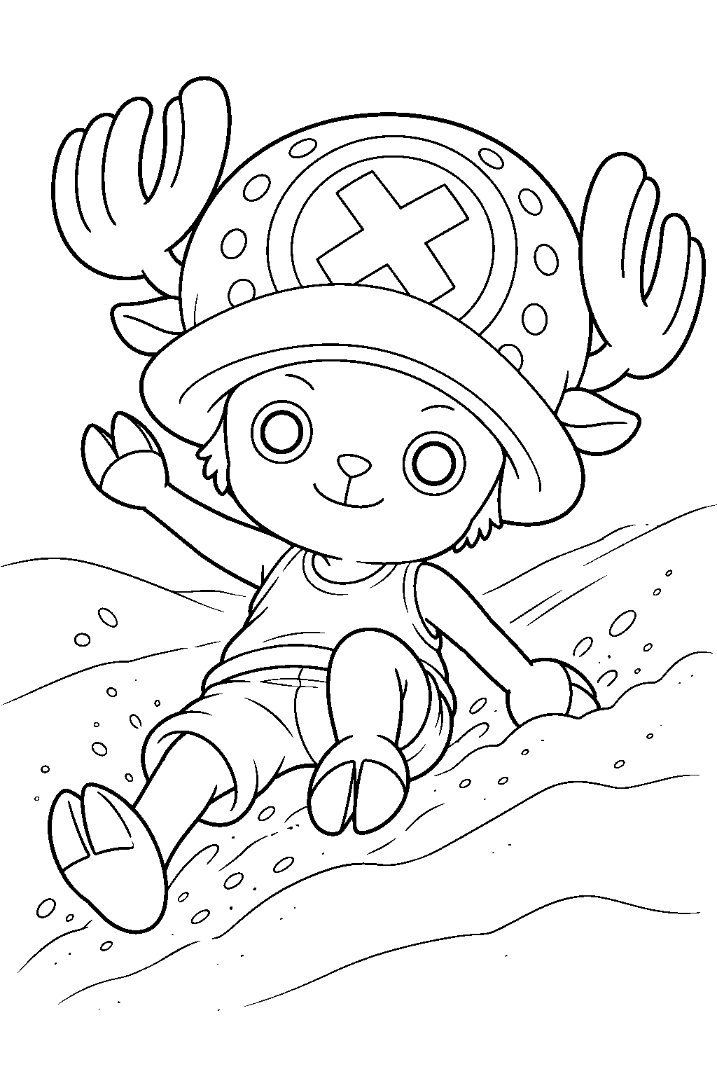 one piece tony tony chopper sliding down a sand dune line art