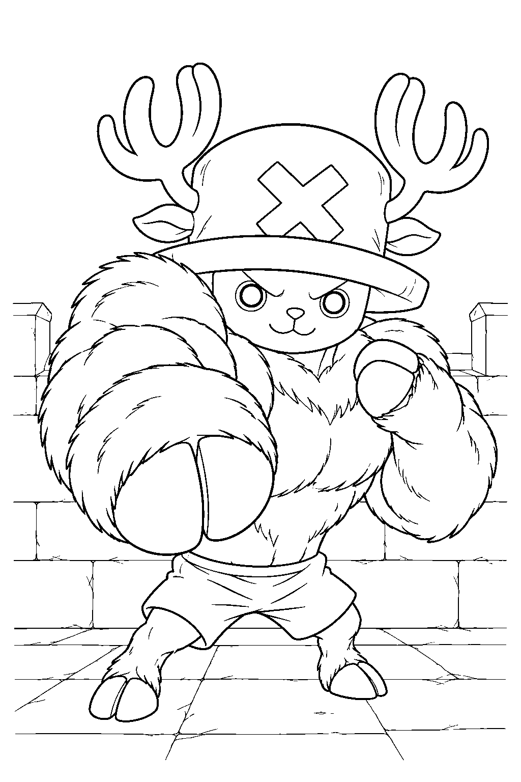 one piece tony tony chopper striking in arm point at enies lobby line art