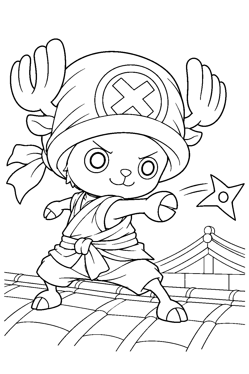 one piece tony tony chopper throwing a shuriken in his wano ninja outfit line art