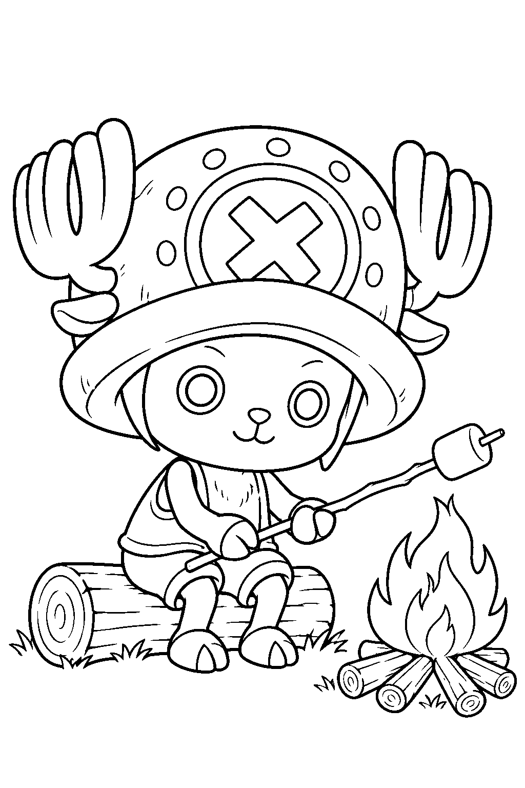 one piece tony tony chopper toasting a marshmallow at a campfire line art