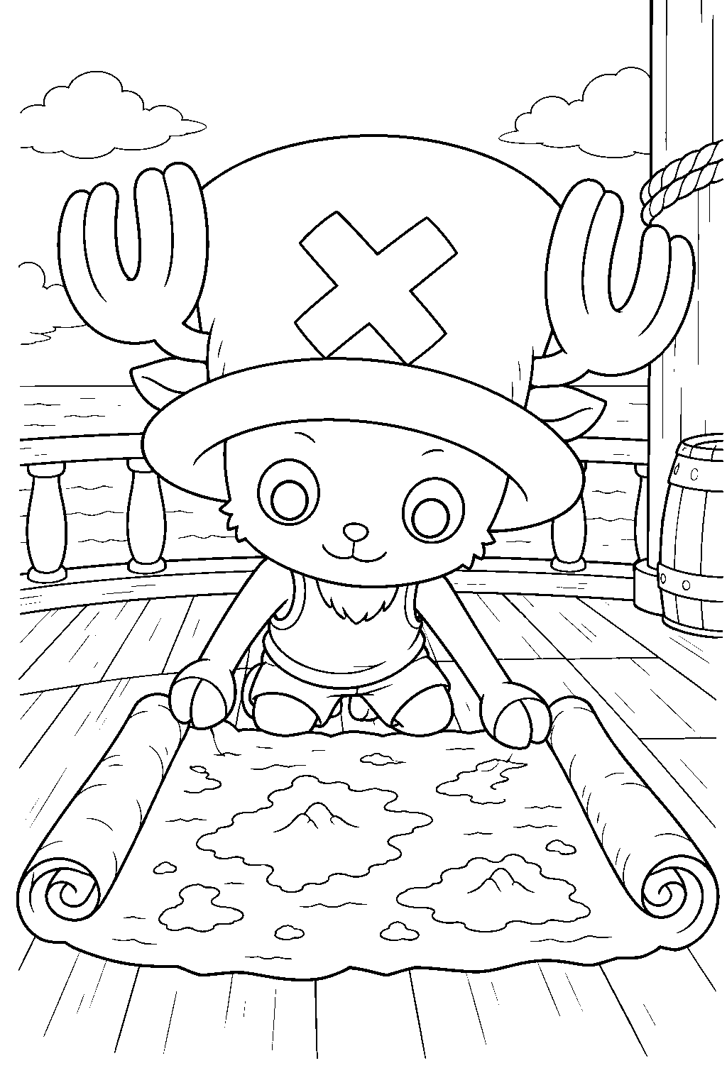 one piece tony tony chopper unrolling a map in brain point on the deck line art