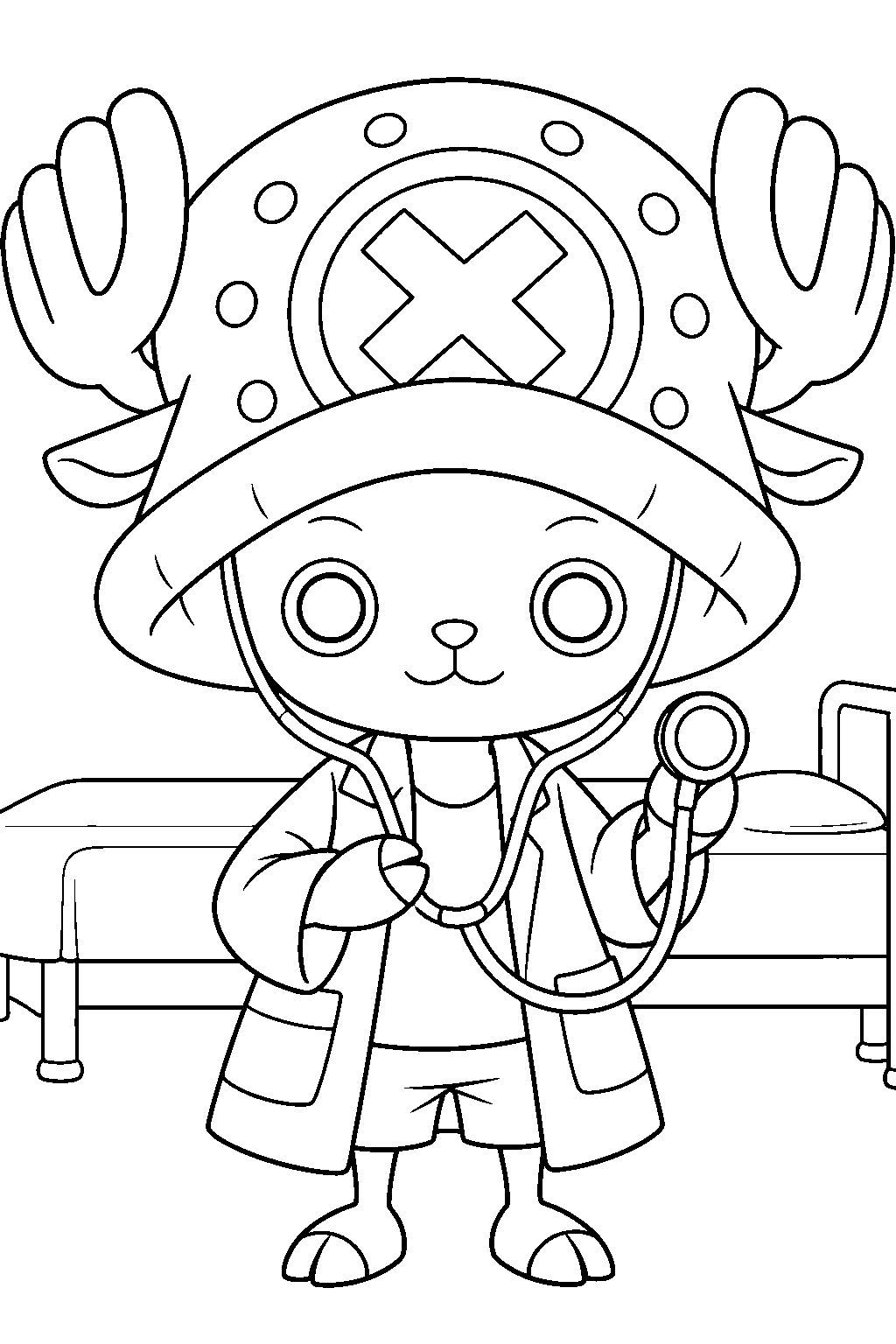one piece tony tony chopper wearing a doctor coat in the infirmary line art