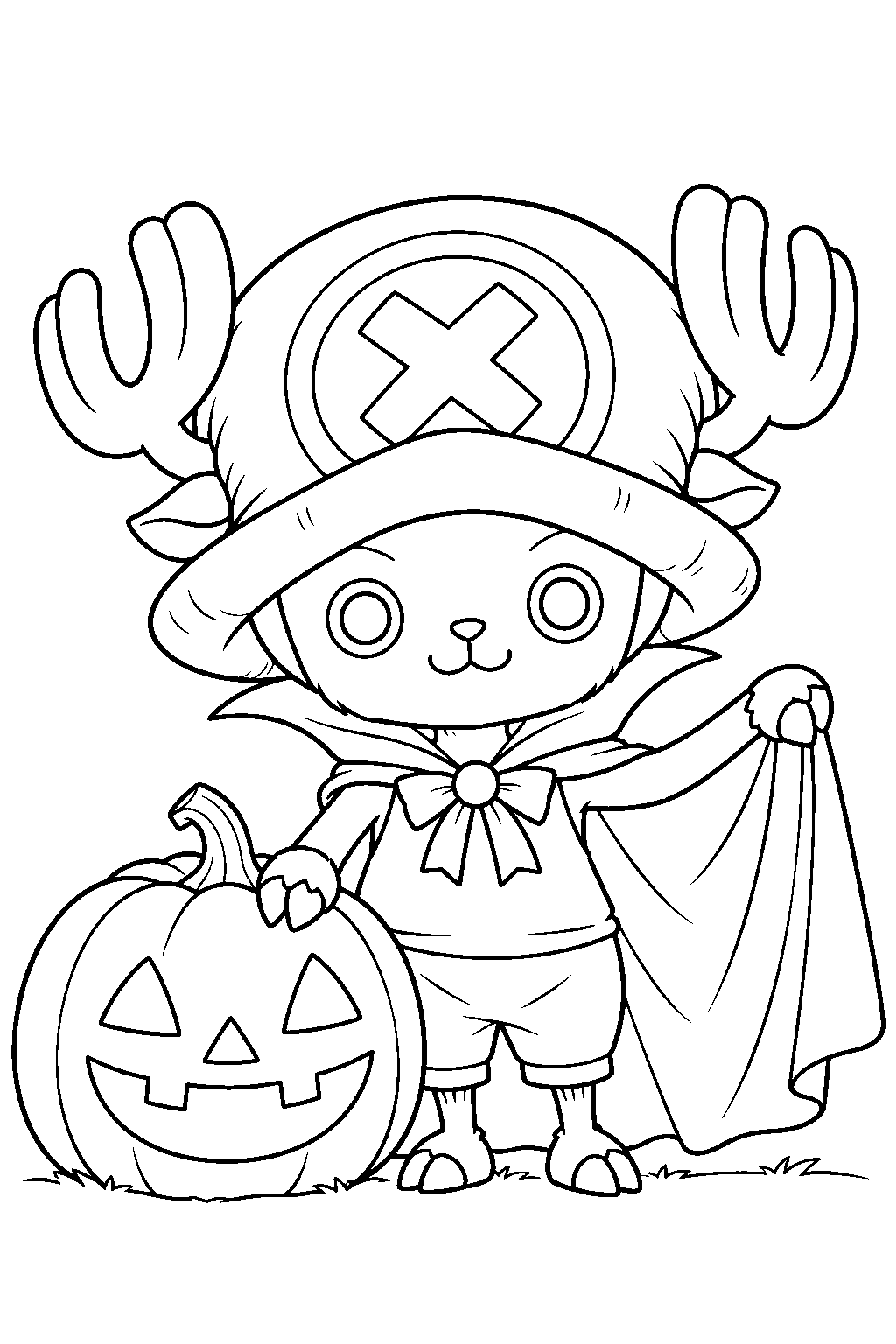 one piece tony tony chopper wearing a vampire cape with a halloween pumpkin line art