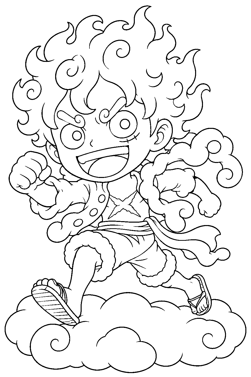 one piece chibi luffy gear 5 running across a fluffy cloud line art