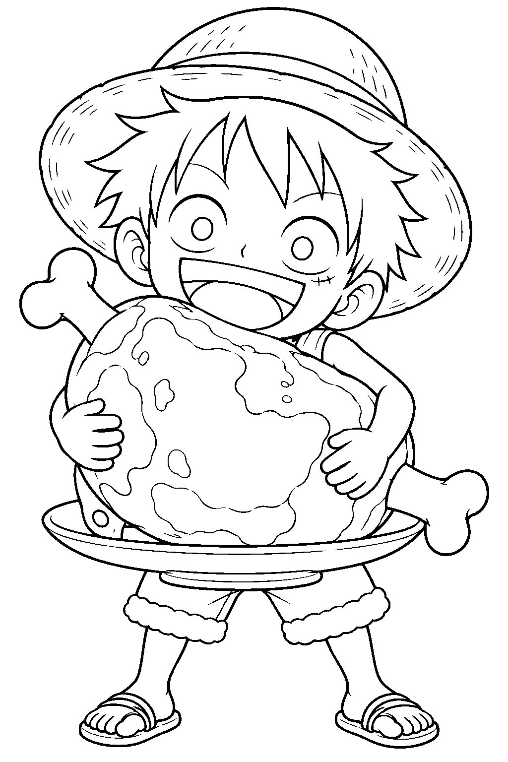 one piece chibi luffy hugging a giant piece of meat beside a plate line art