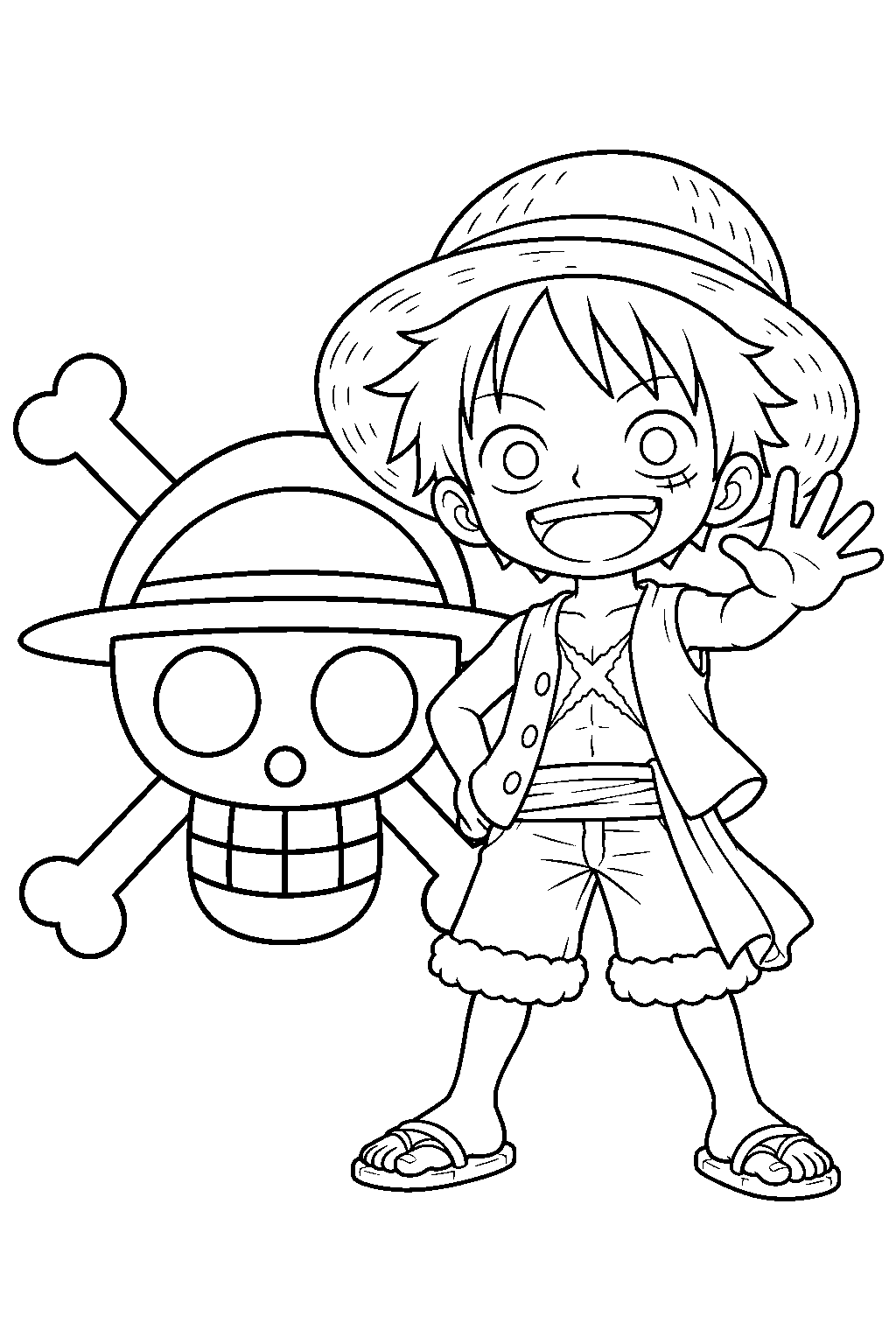 one piece chibi luffy waving beside the straw hat pirate emblem line art