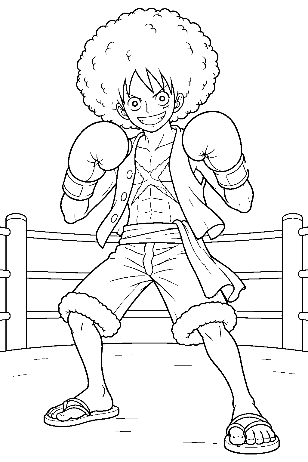 one piece luffy afro boxer raising his gloves in a boxing ring line art