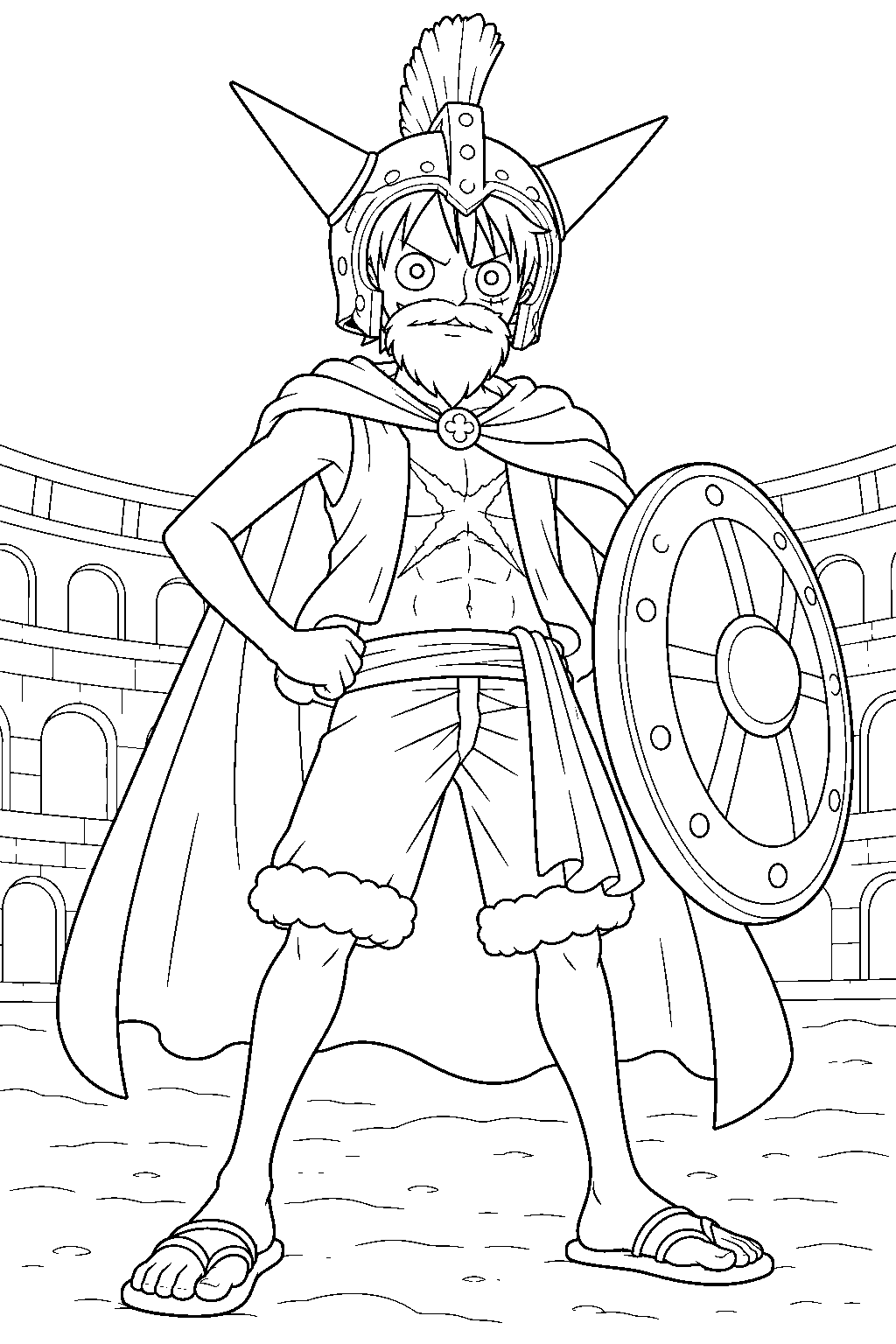 one piece luffy as lucy gladiator holding a shield in the arena line art