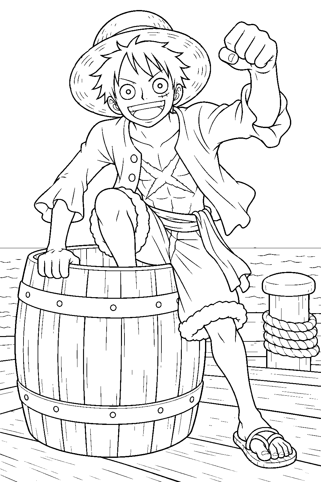 one piece luffy climbing out of a wooden barrel in the harbor line art