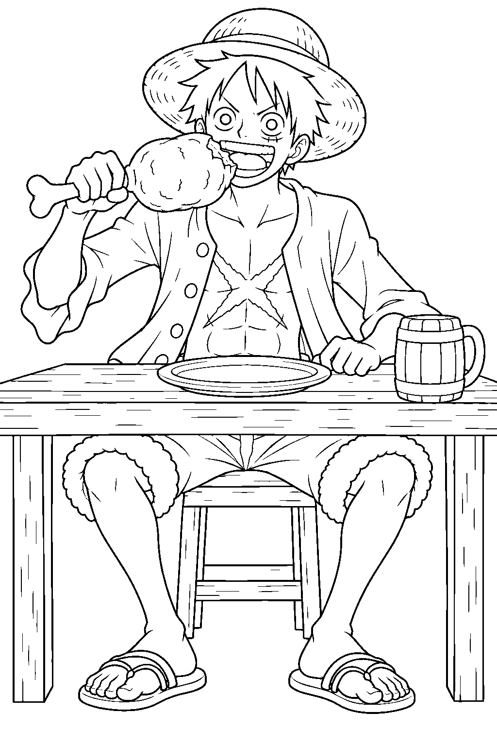 one piece luffy eating meat at a pirate banquet table line art