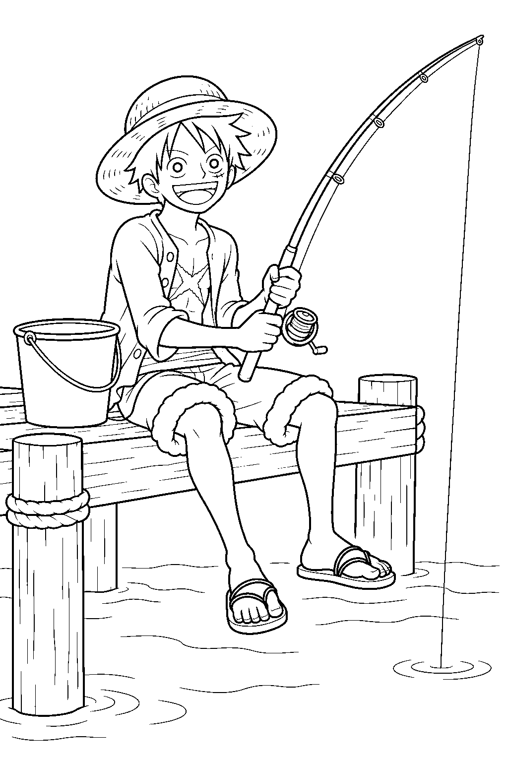 one piece luffy fishing from a dock beside a bucket line art