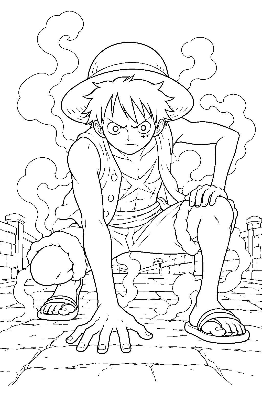 one piece luffy gear 2 crouching with steam on a stone bridge line art