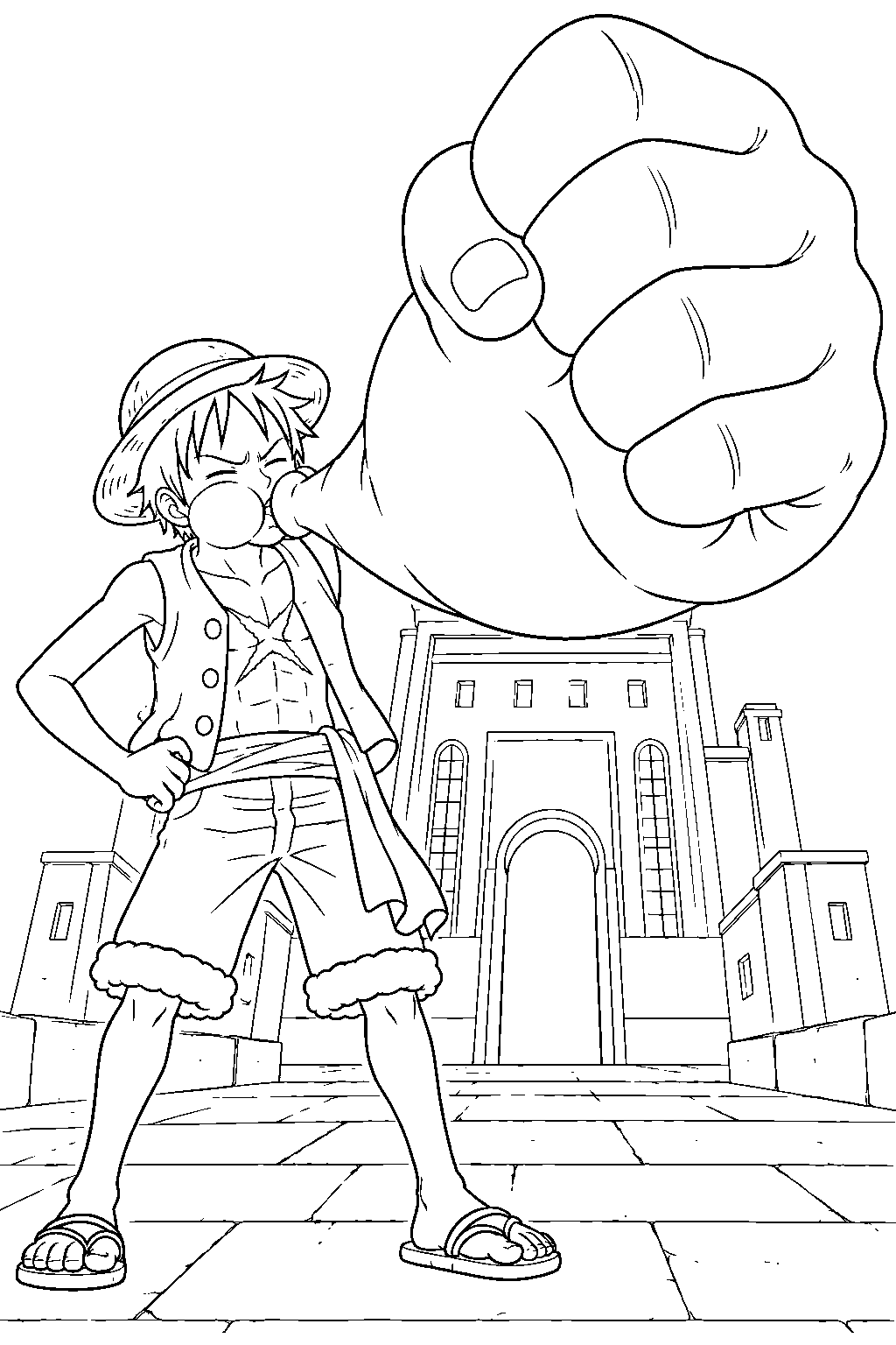 one piece luffy gear 3 inflating a giant fist at enies lobby line art