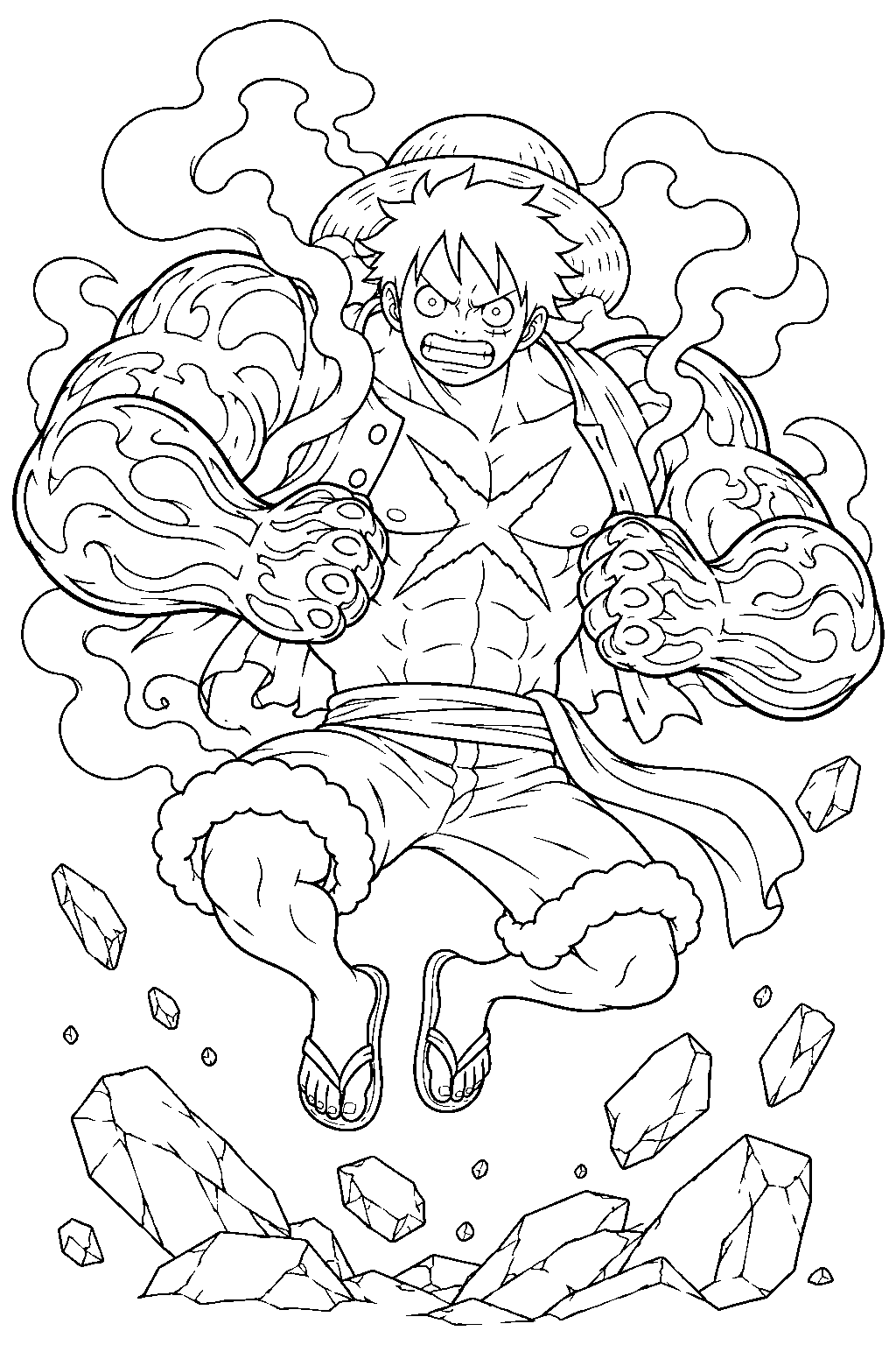 one piece luffy gear 4 boundman floating above broken stones line art