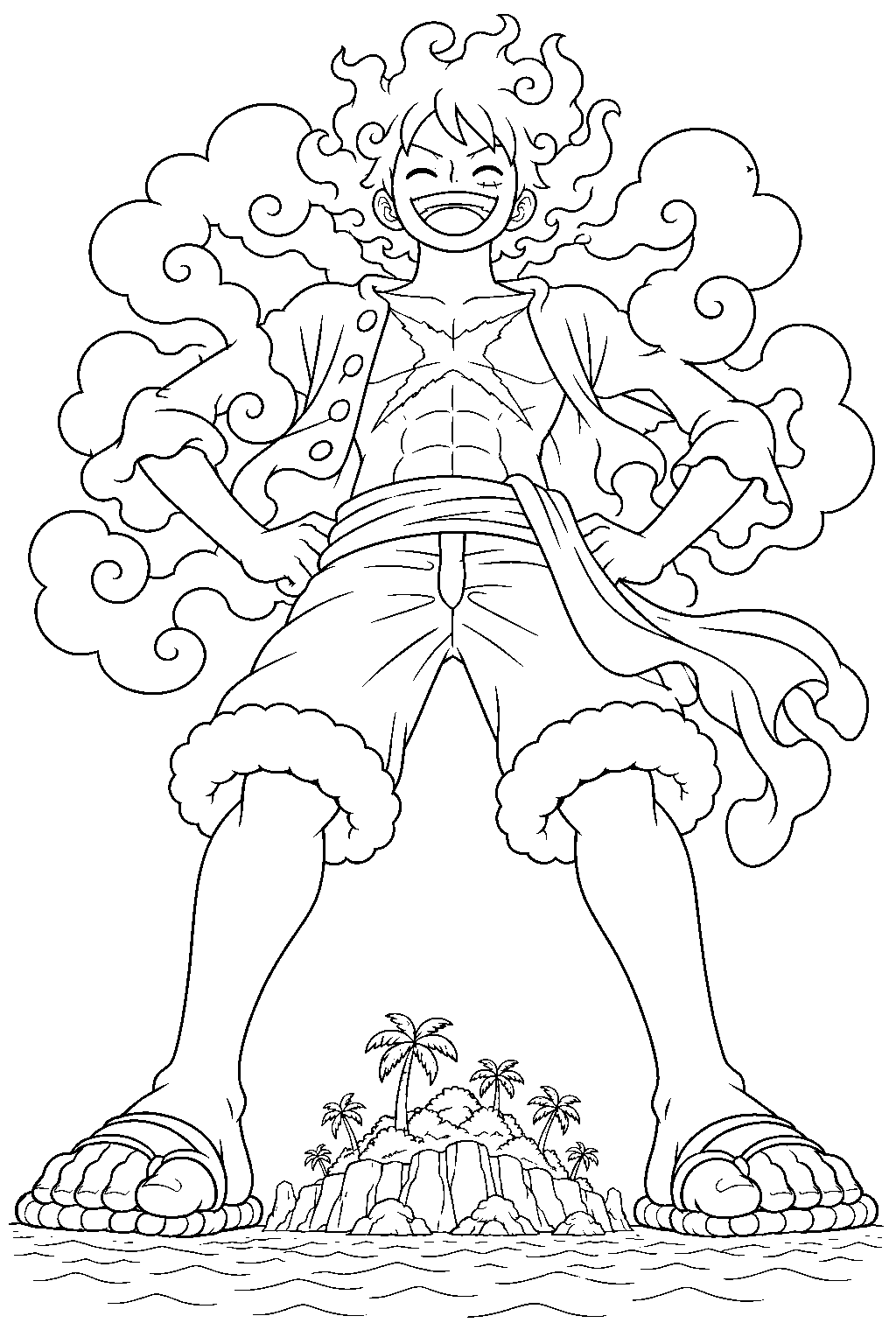 one piece luffy gear 5 giant form towering over an island line art
