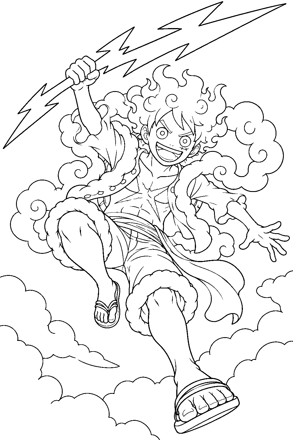 one piece luffy gear 5 holding lightning above the clouds line art