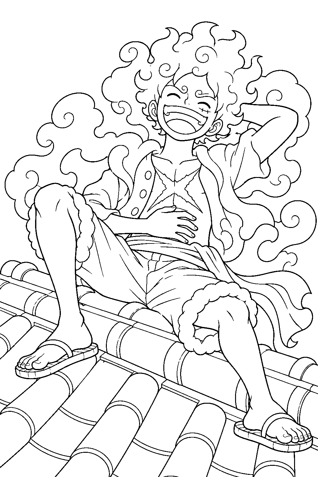 one piece luffy gear 5 laughing on the onigashima rooftop line art
