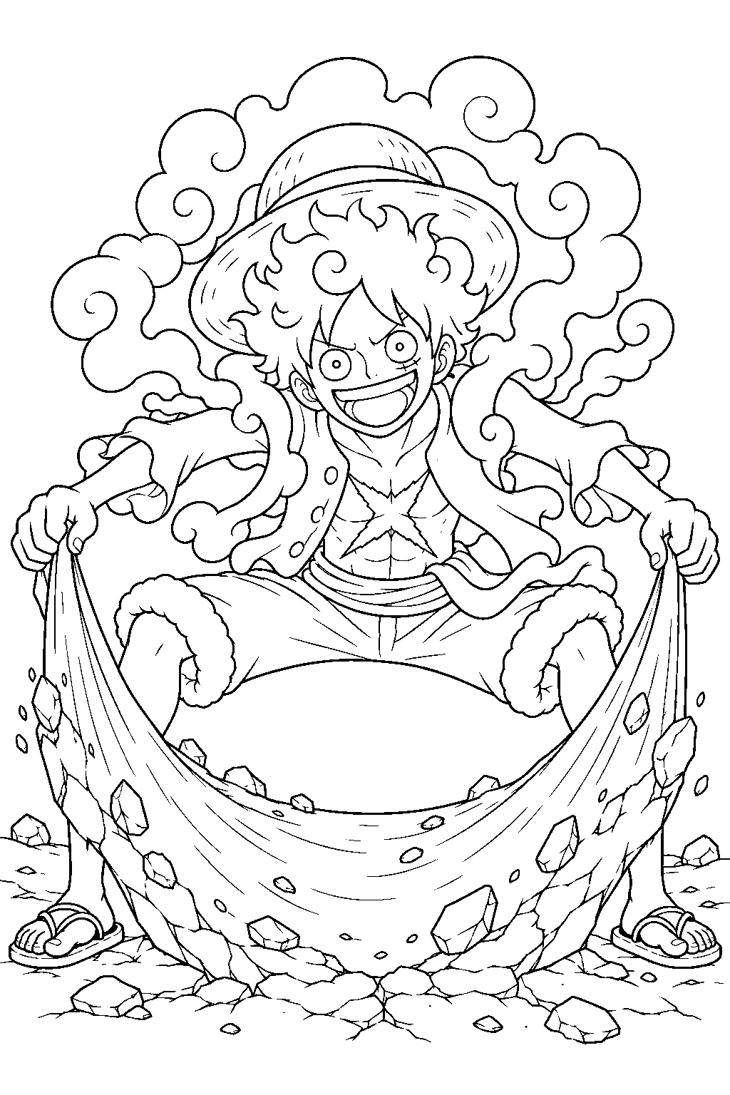 one piece luffy gear 5 stretching the ground like a trampoline line art