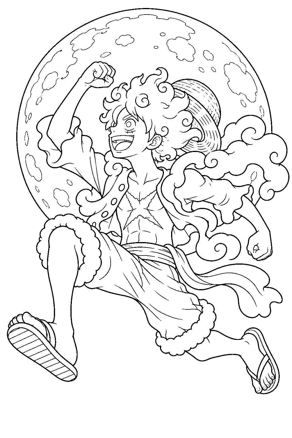 one piece luffy gear 5 sun god nika leaping before the moon line art