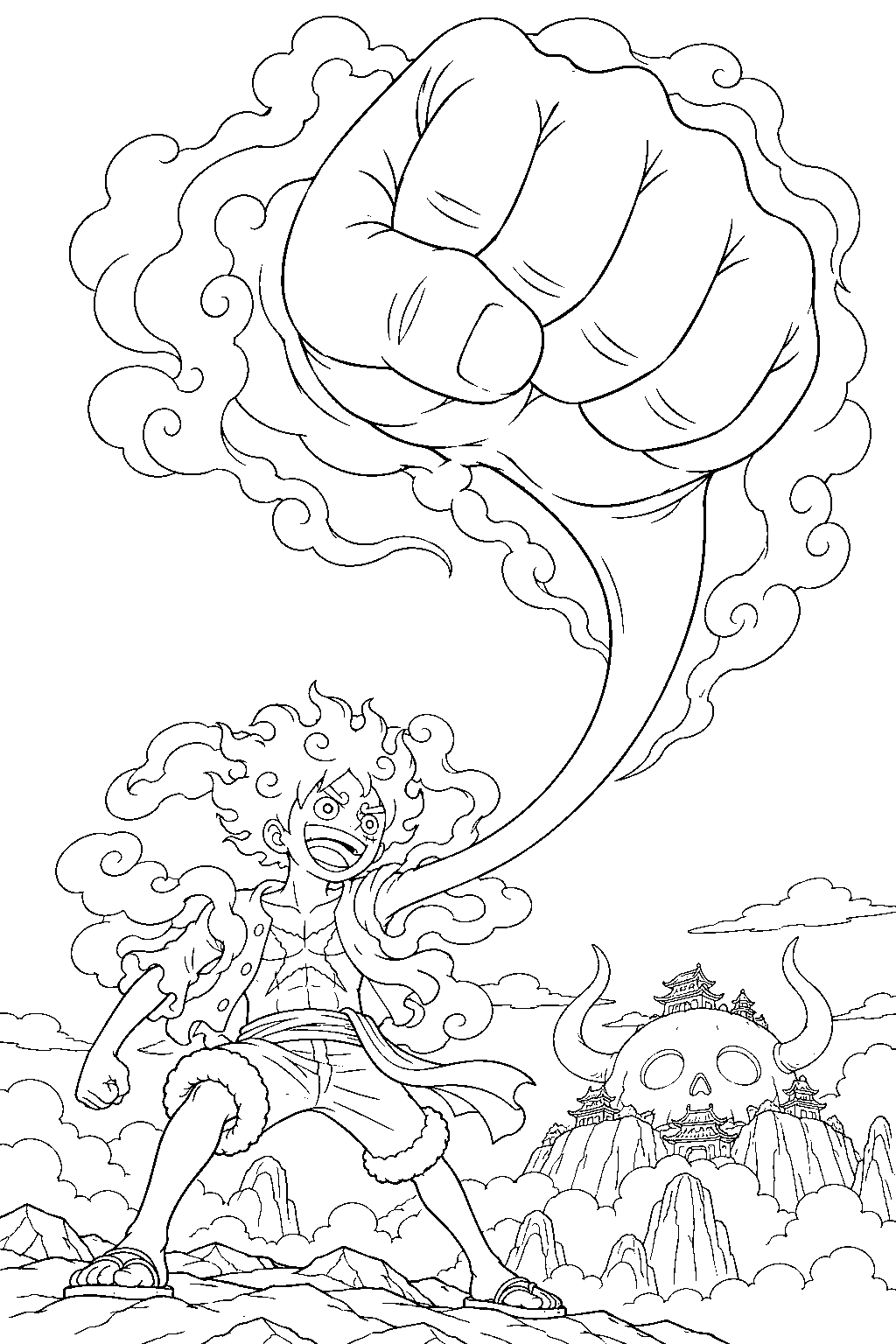 one piece luffy gear 5 using bajrang gun above onigashima line art