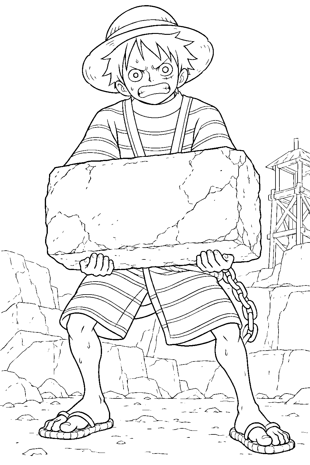 one piece luffy in a prison uniform carrying stone blocks in udon line art