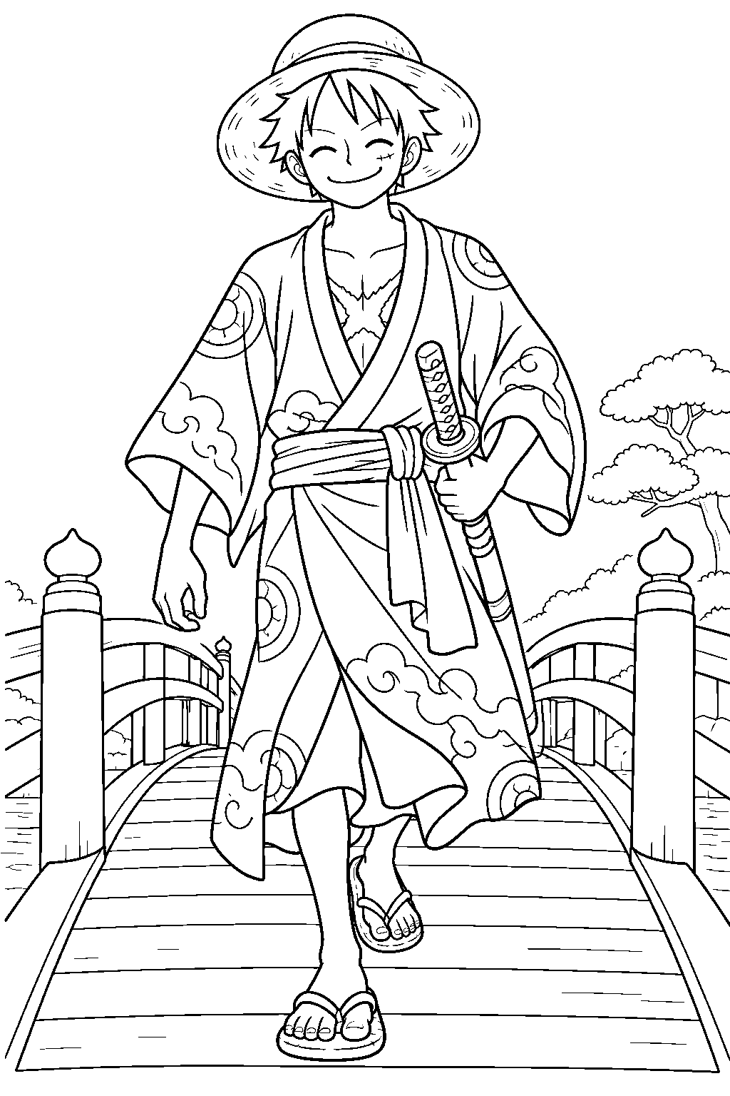 one piece luffy in a wano kimono walking across a wooden bridge line art
