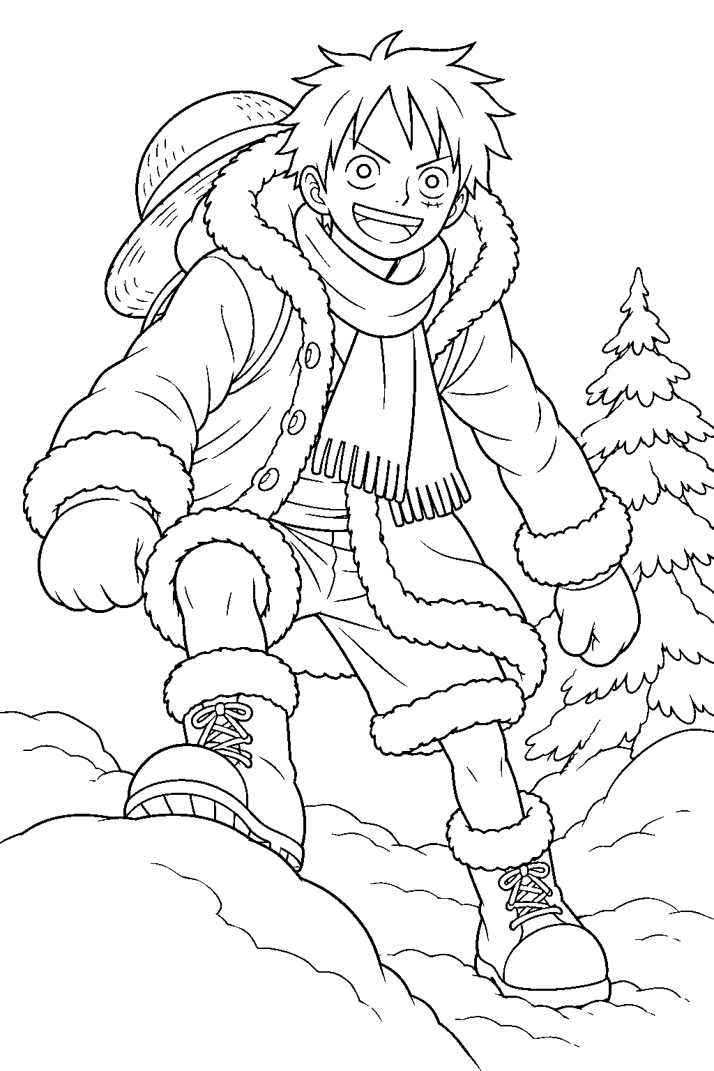 one piece luffy in a winter coat trekking through drum island snow line art