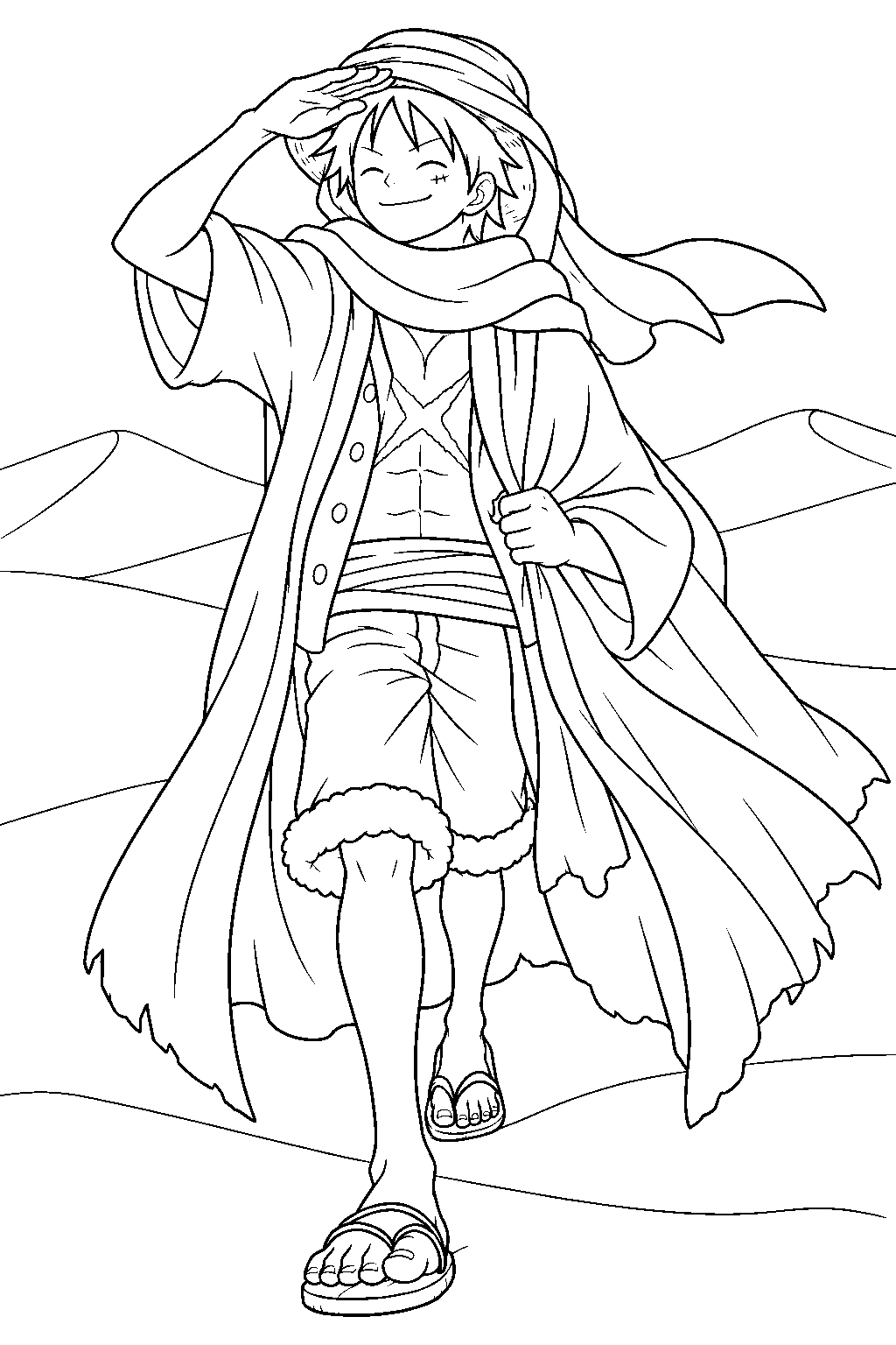 one piece luffy in an alabasta cloak walking through sand dunes line art