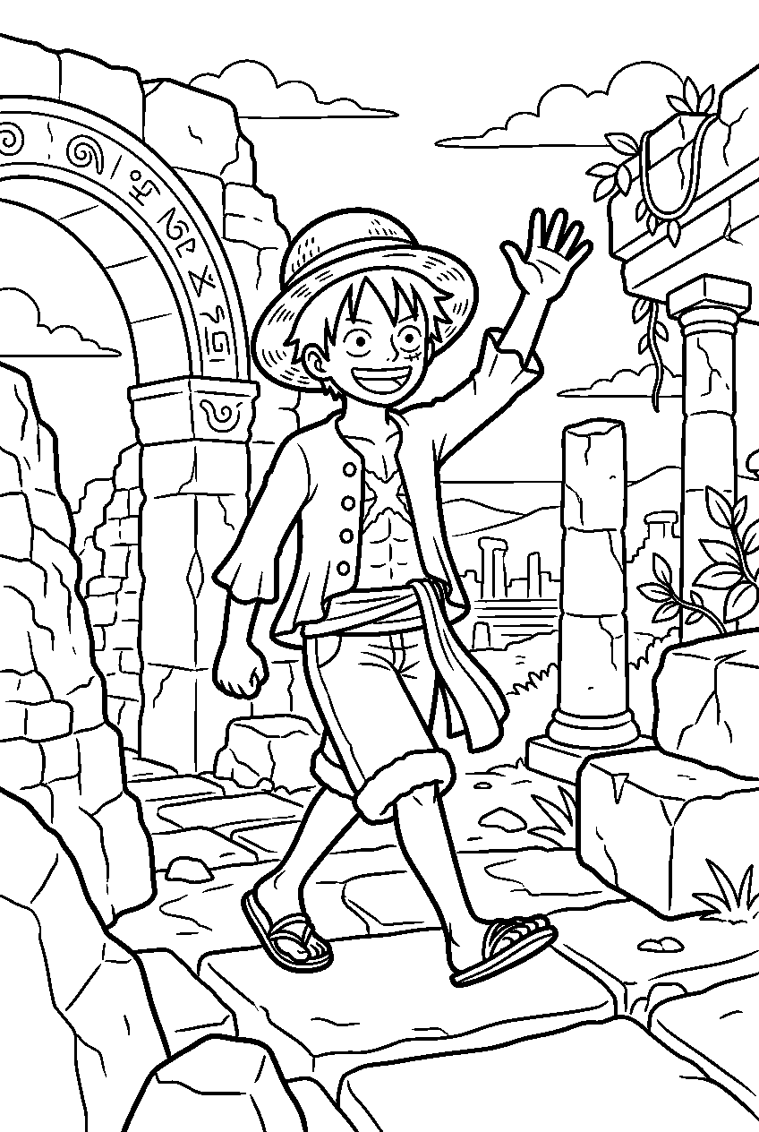 one piece luffy in ancient ruins line art