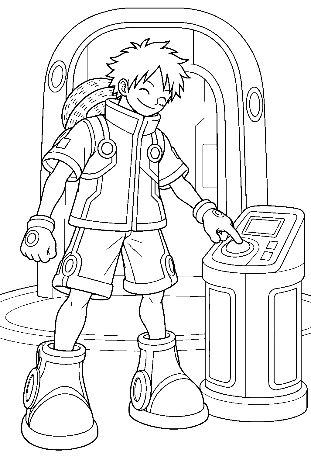 one piece luffy in his egghead outfit outside a future laboratory line art