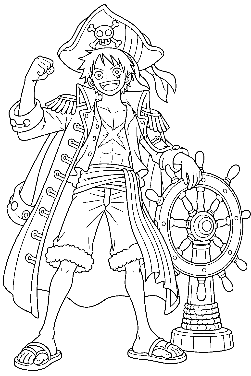 one piece luffy in his film red pirate costume beside a ship wheel line art