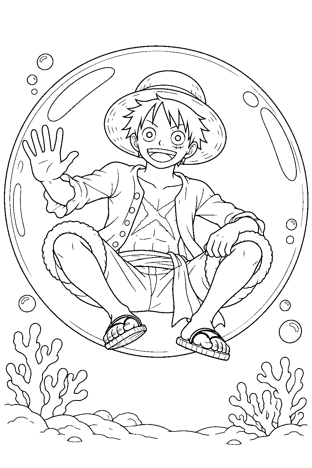 one piece luffy in his fish man island outfit riding an air bubble line art