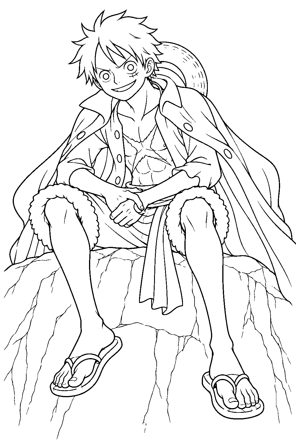 one piece luffy in his onigashima cape sitting on a rocky ledge line art
