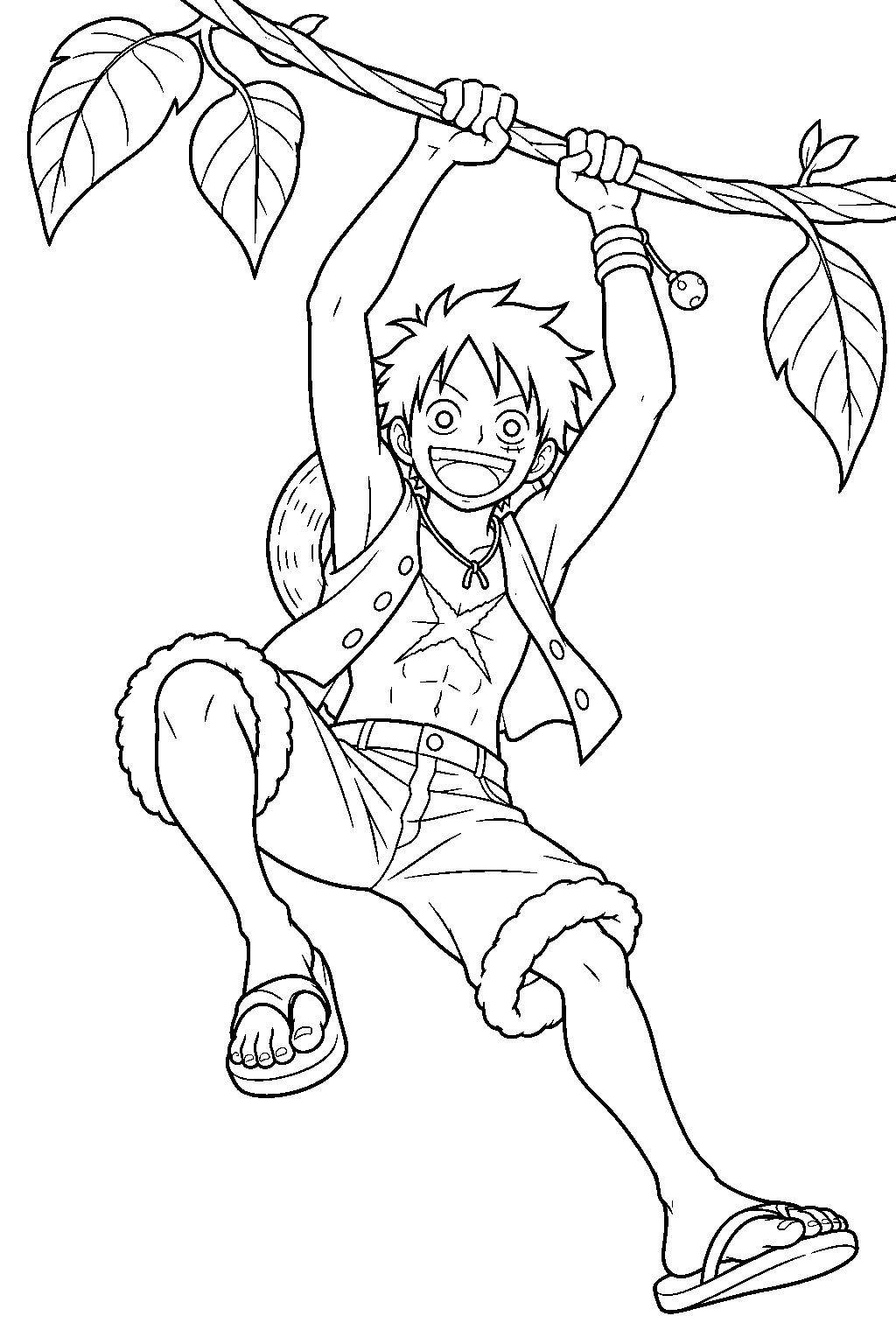 one piece luffy in his skypiea outfit swinging from a jungle vine line art