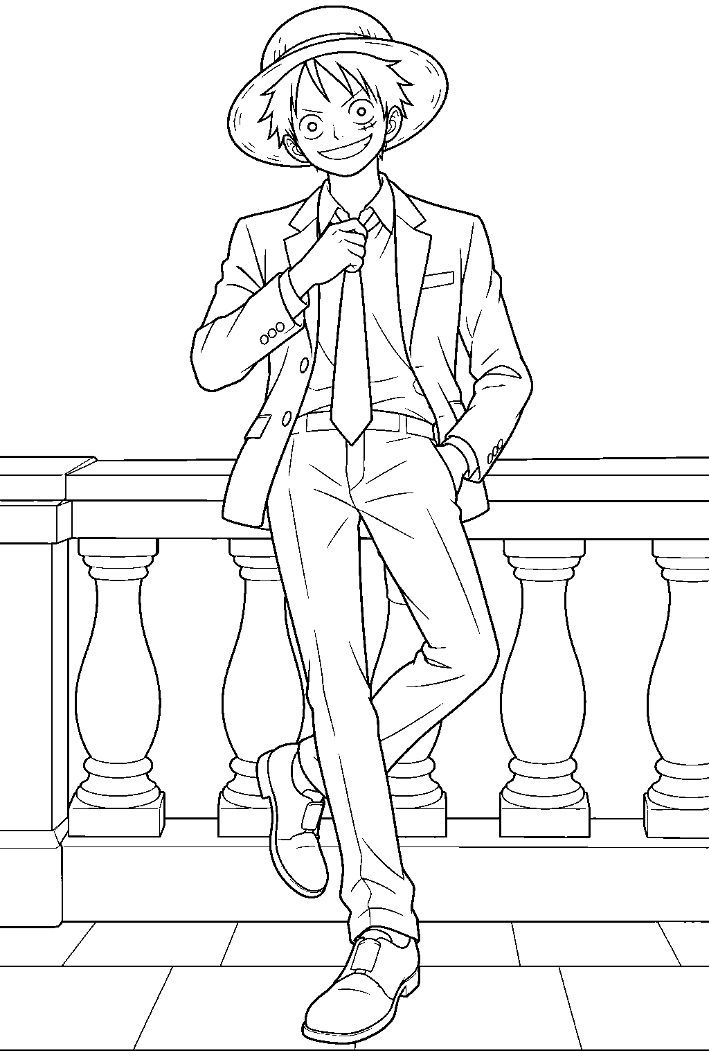 one piece luffy in his strong world suit adjusting his tie line art