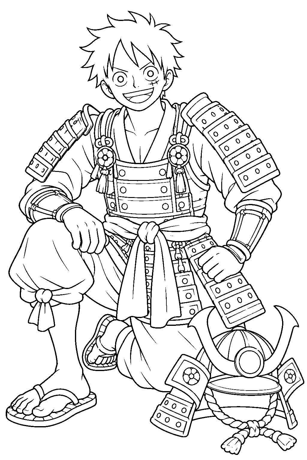 one piece luffy in samurai armor kneeling beside his helmet line art