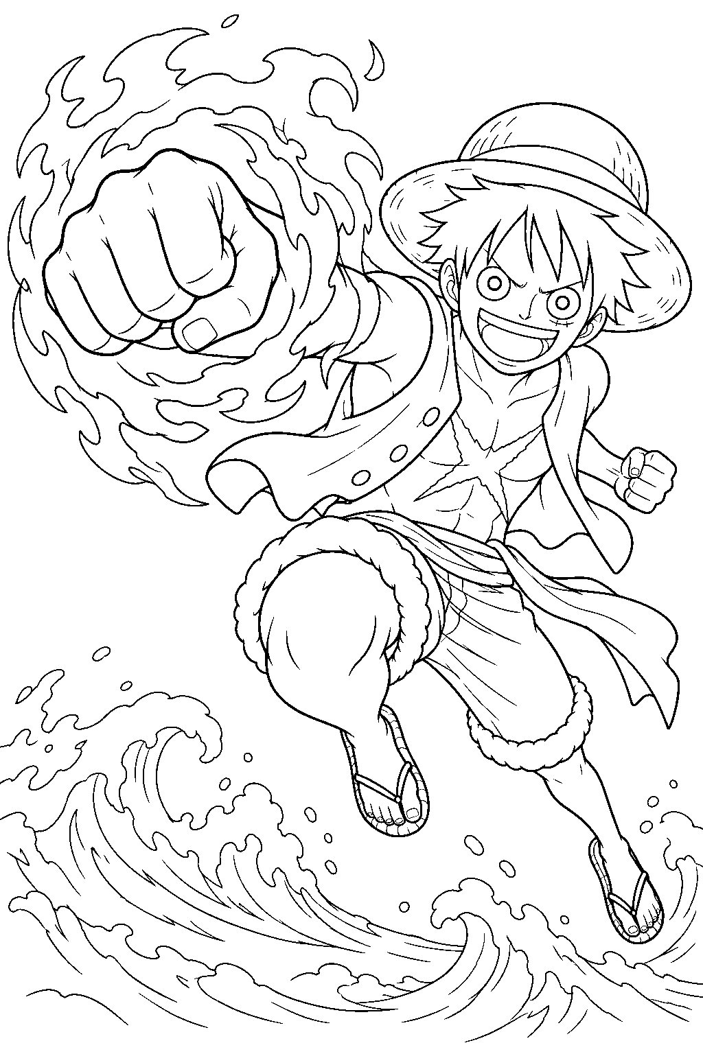 one piece luffy launching a red hawk punch above the ocean line art
