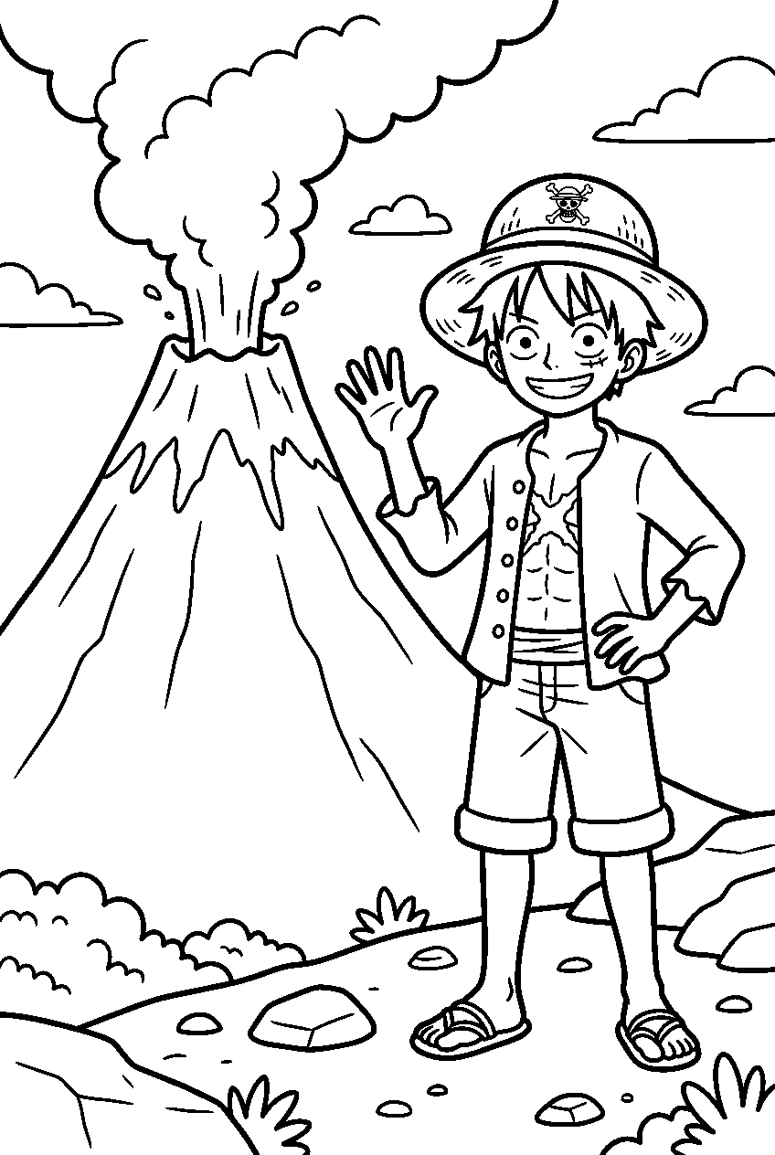one piece luffy near volcano line art