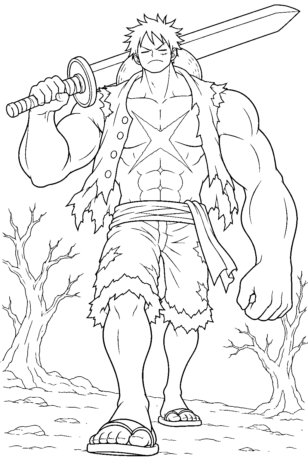 one piece luffy nightmare form carrying a sword in thriller bark line art