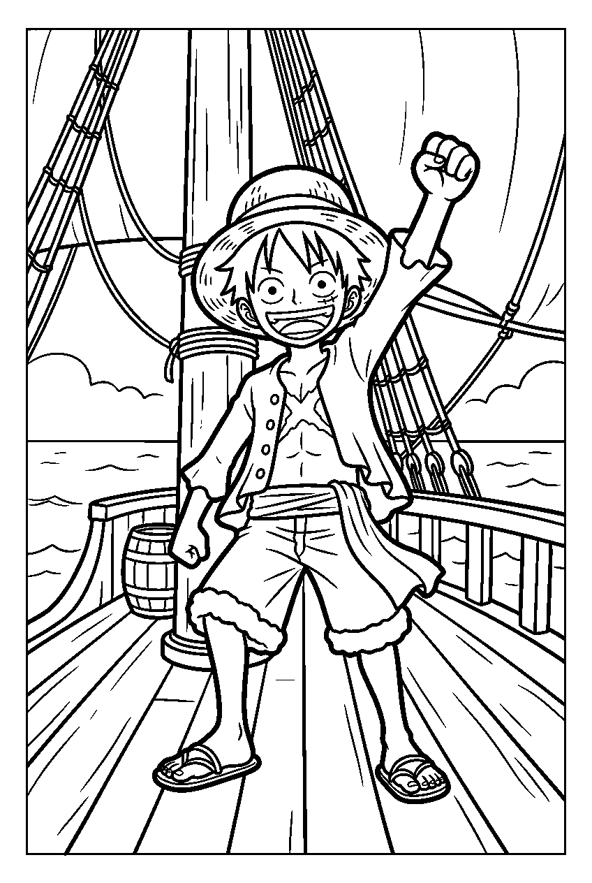 one piece luffy on ship deck line art