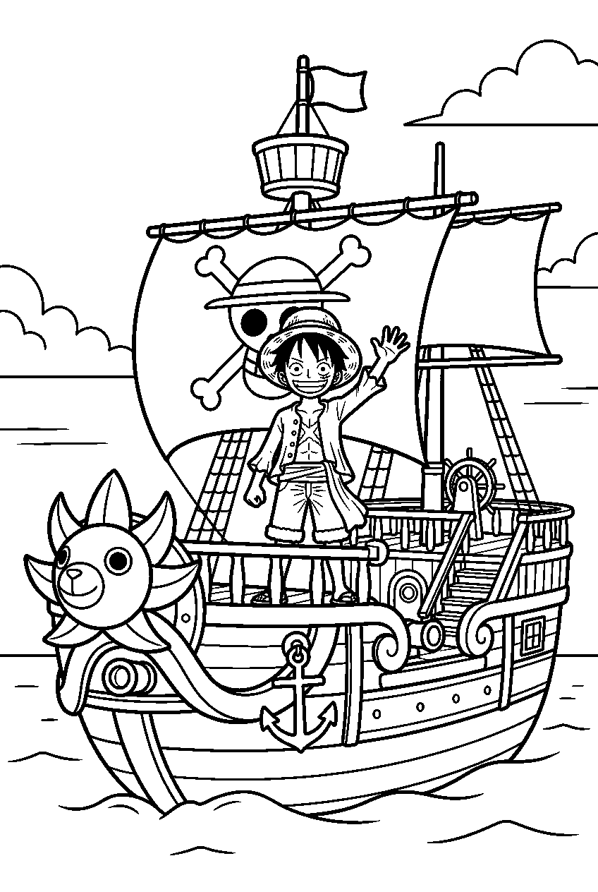 one piece luffy on thousand sunny line art