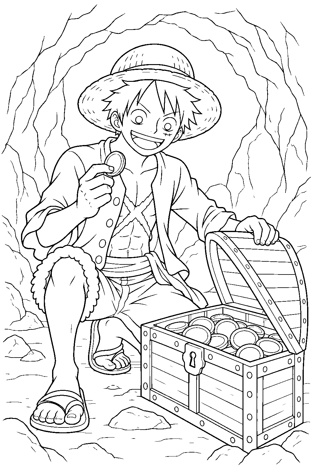 one piece luffy opening a treasure chest inside a cave line art