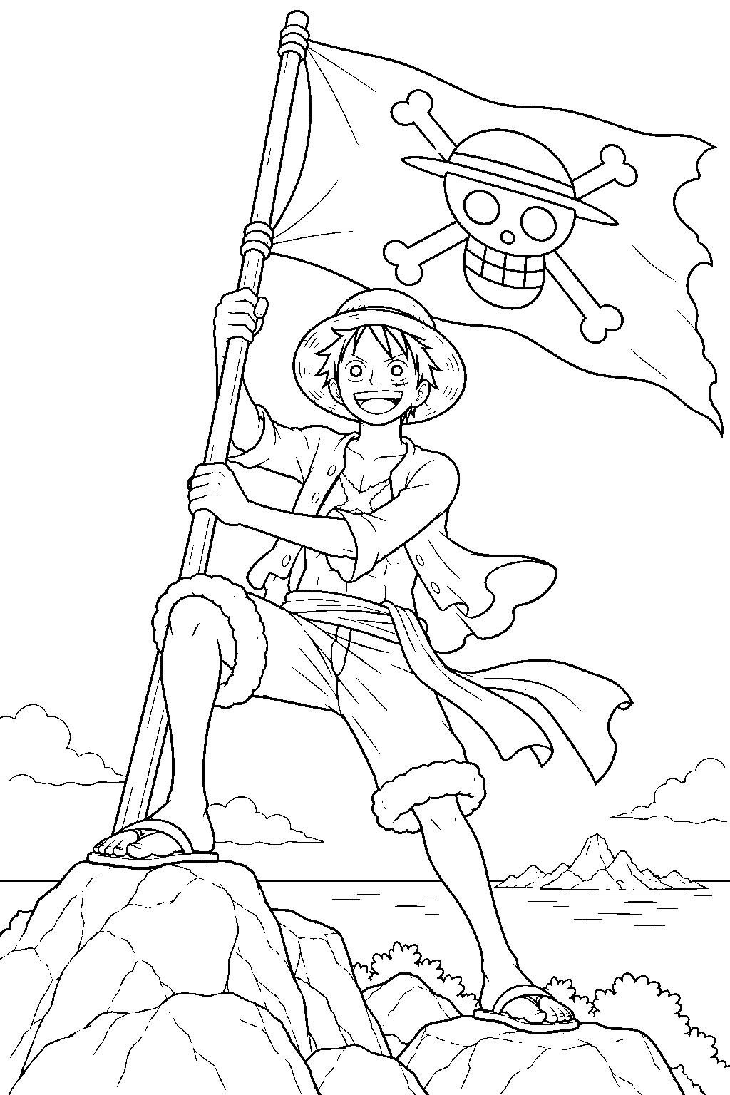 one piece luffy planting a pirate flag on an island summit line art