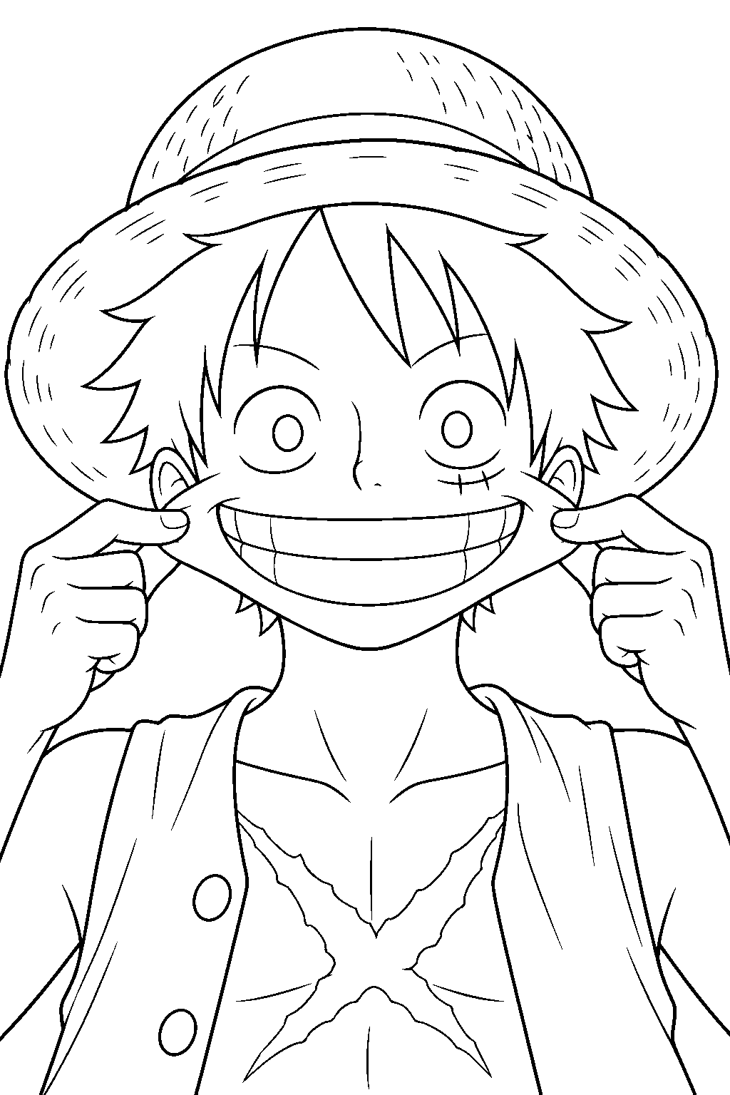 one piece luffy pulling his cheeks into a funny face line art